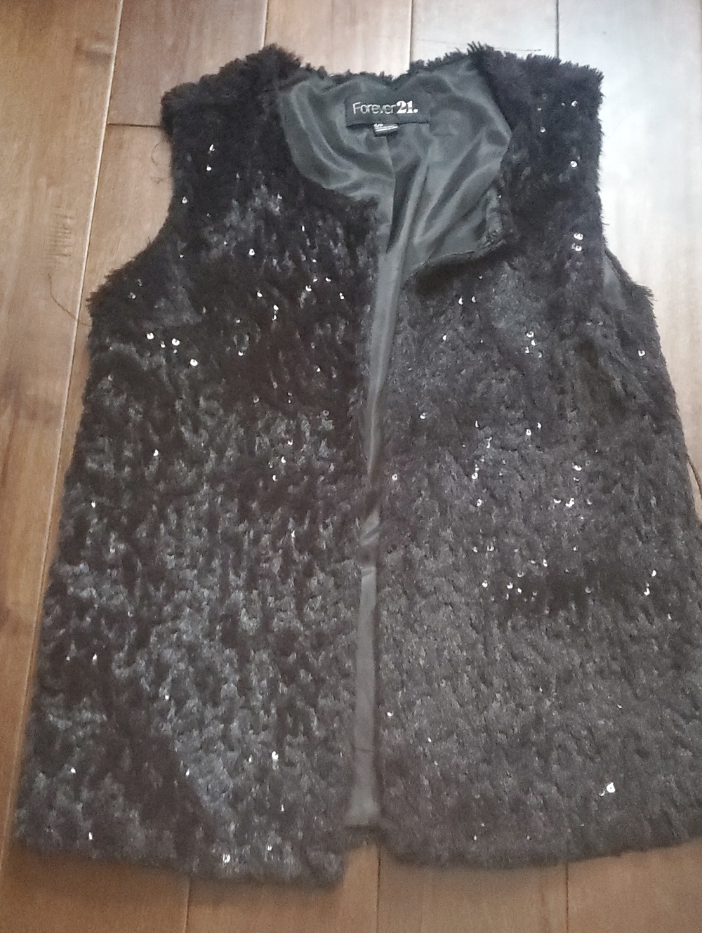 Forever 21 Black Sequin Faux Fur Vest - Women's Size Small